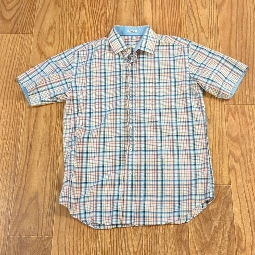Bugatchi Uomo Shaped Fit white, pink, blue, brown plaid button down shirt, M